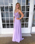 Sexy Light Purple Chiffon A-line Prom Dresses with Lace Appliques Long Prom Gowns Backless